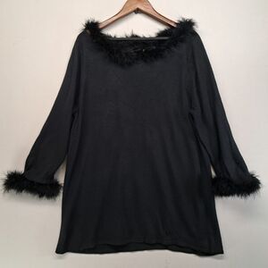 Original Anthony 1X XL Black Blouse Top Faux Feather Trim Cuffs Neckline